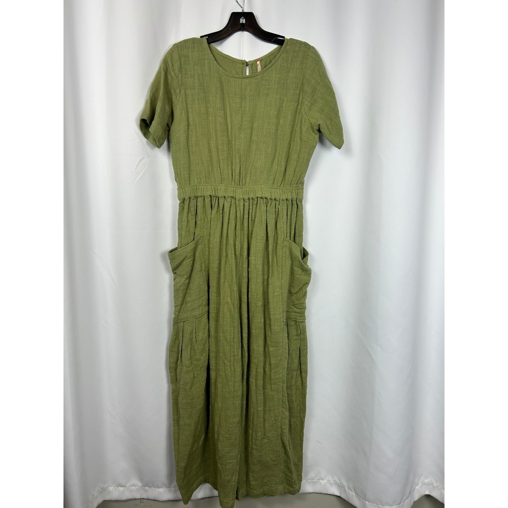 Free People 100% Cotton Green Short Sleeve Cargo Jumpsuit Boho Utility Small